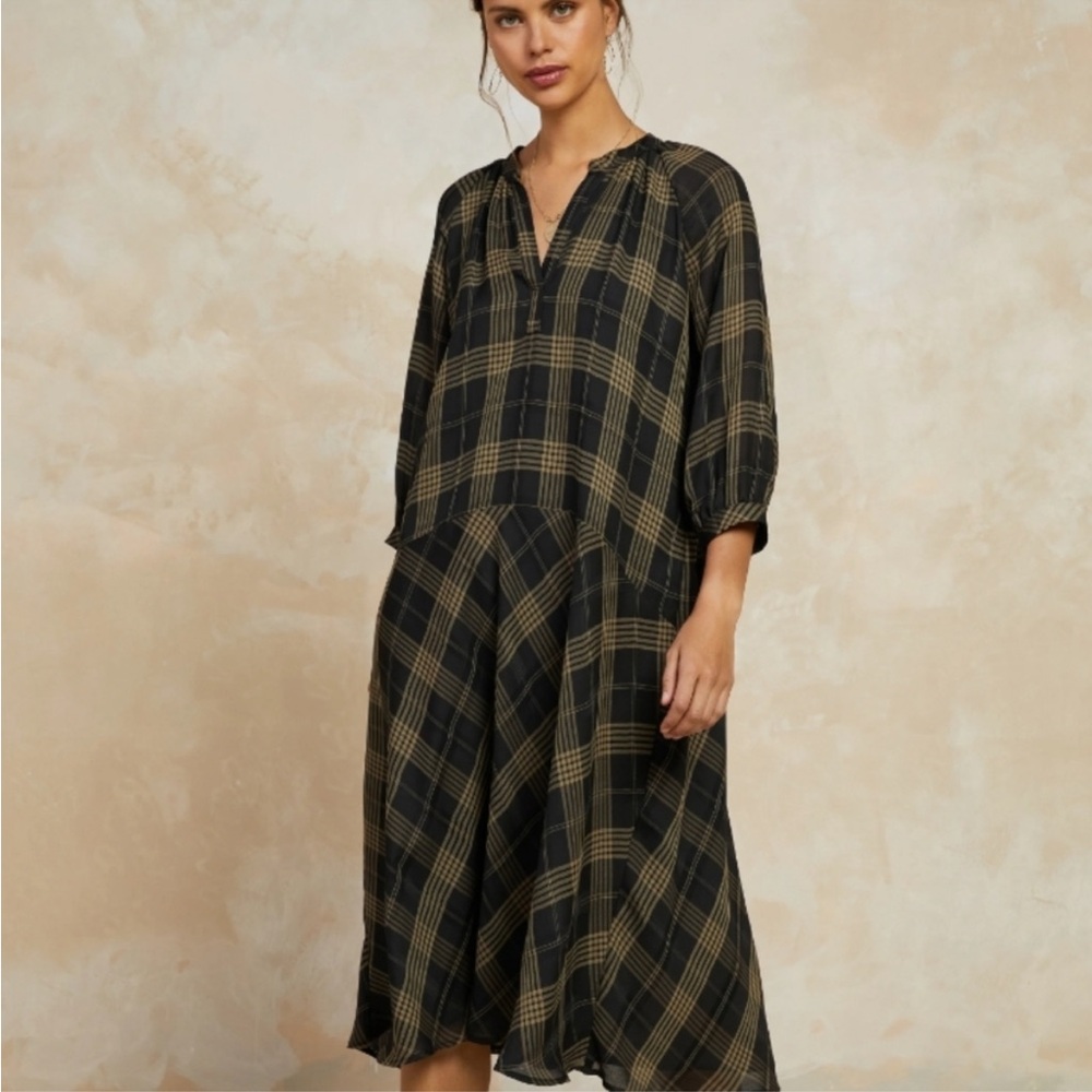NWT Current Air plaid midi dress with belt windowpane green tie belt